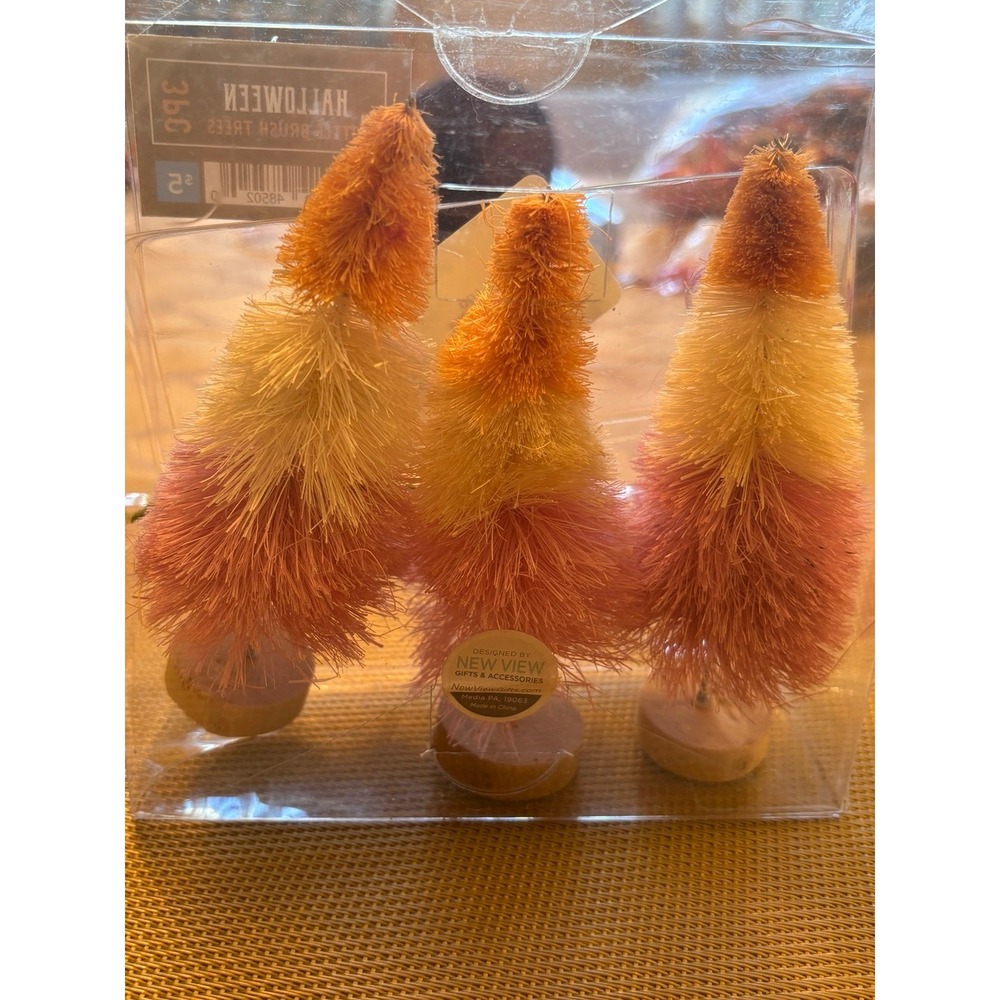 3 Pc HALLOWEEN Pink And Orange Umbre Bottle Brush Trees For Village Or Decor